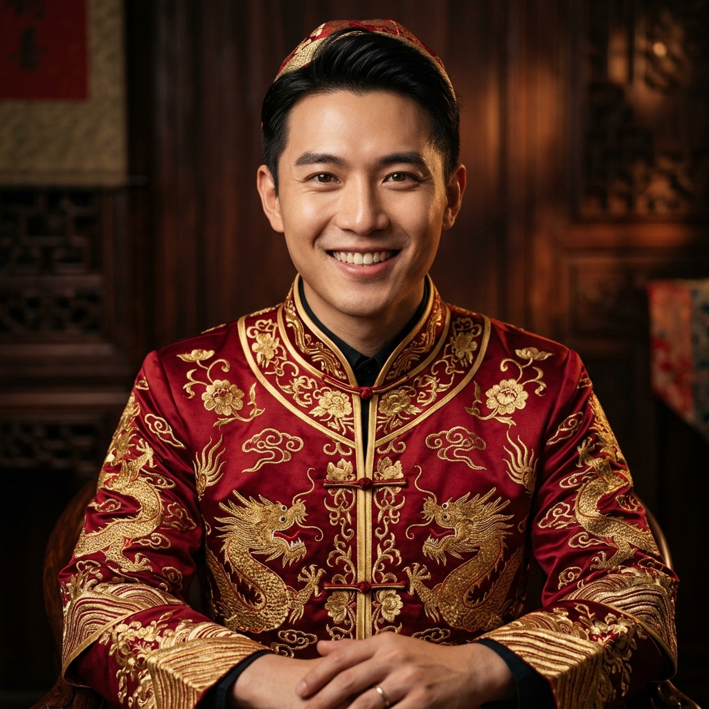Groom Michael Vinci portrait in traditional Chinese wedding robe