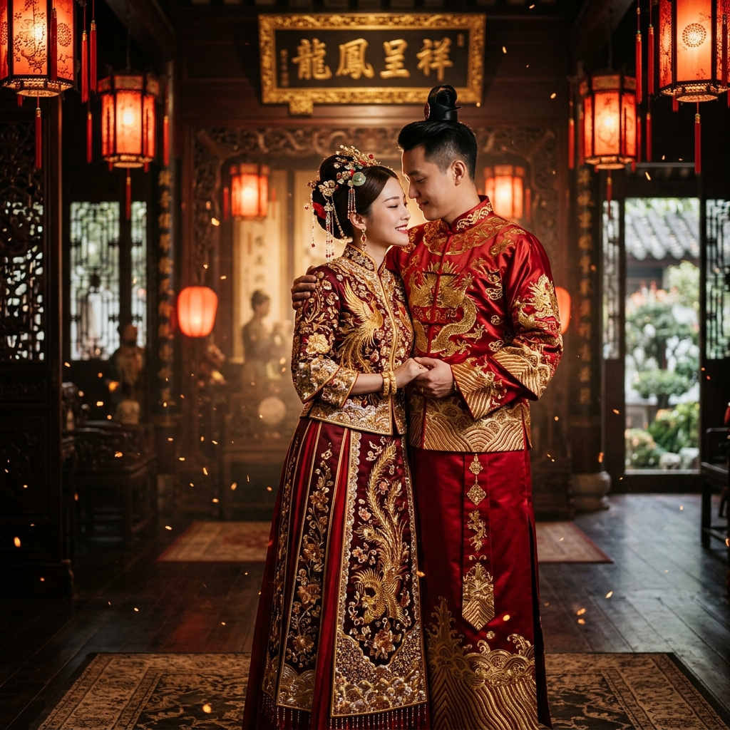 Romantic prewedding portrait of Michael Vinci and Merlin in luxury red and gold traditional Chinese robes