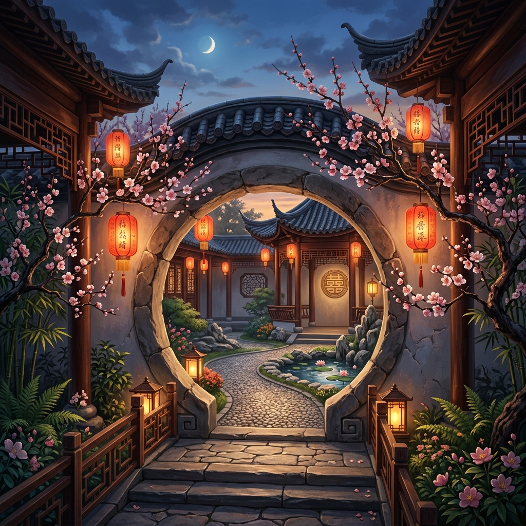 Beautiful Chinese garden moon gate with lanterns and plum blossoms